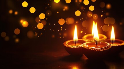 Close up of Diwali lamps Diya oil lamps with dark background. Diwali festival of lights. Ai generated image