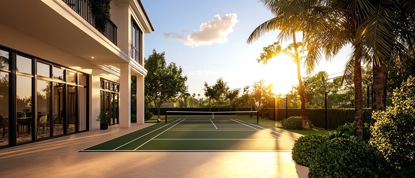 Exclusive real estate, private villa with spa and tennis court, 3D illustration