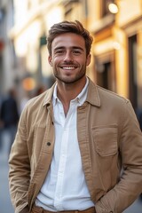Obraz premium Happy young European professional business man, casual guy looking at camera. Confident smiling businessman, male entrepreneur, small business owner posing outdoors.