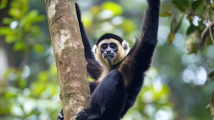 Obraz premium White-handed Gibbon Perched on a Tree Branch