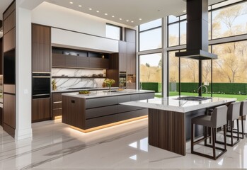 Residential interior of modern kitchen in luxury mansion, 3d rendering