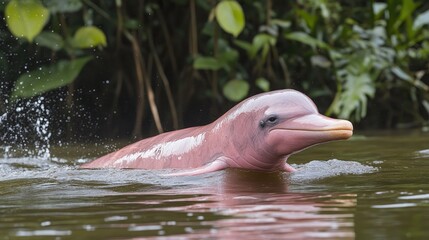 Pink River Dolphin Swimming in Green Water