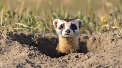 Fototapeta premium Black-footed Ferret Emerging From Its Burrow