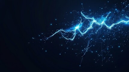 Abstract mash line and point lightning energy icon. With dark blue background. Low poly wireframe with lines, dots and glowing particles