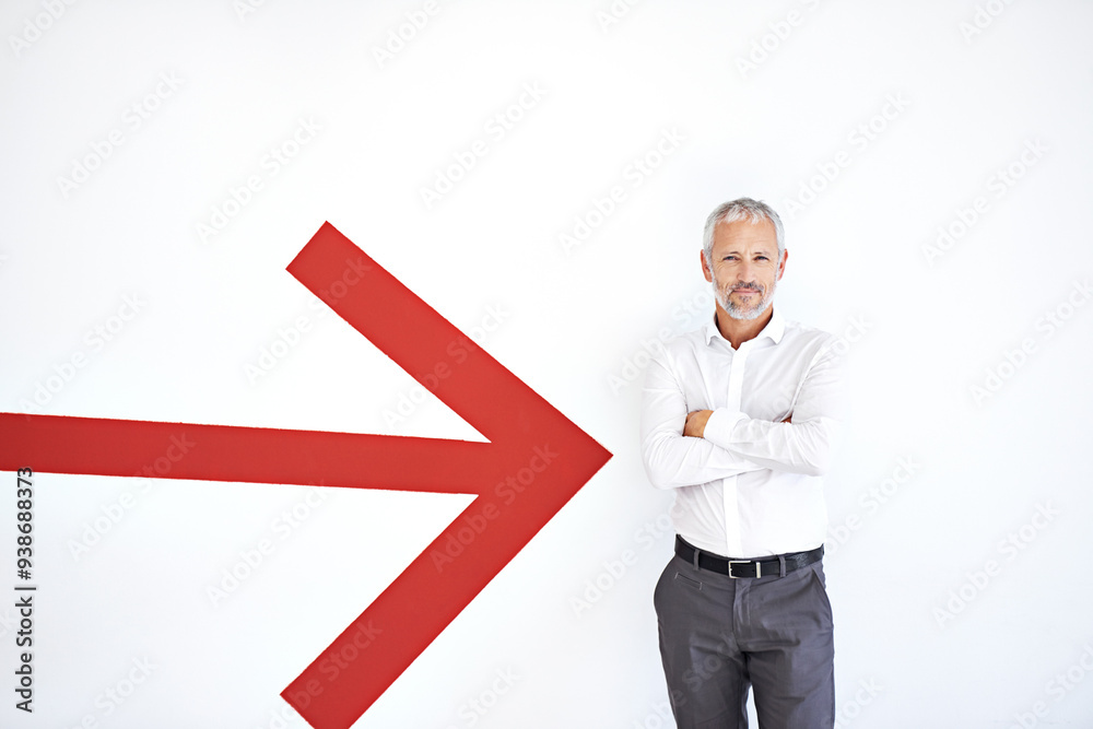 Sticker arrow, crossed arms and portrait of business man in studio with confidence, pride and job on white b