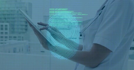 Fingerprint and data processing animation over medical professional using tablet - Powered by Adobe