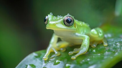 Obraz premium A Green Glass Frog Perched on a Dew-Covered Leaf