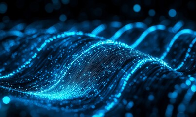 Abstract Blue Glowing Lines and Particles on Black Background