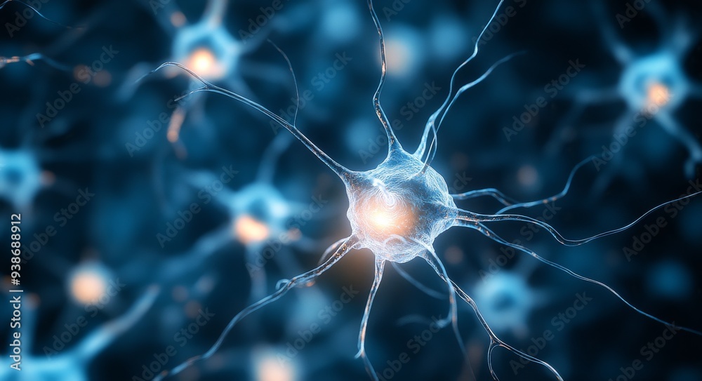 Poster neuron cell d render microscopic view of neural network