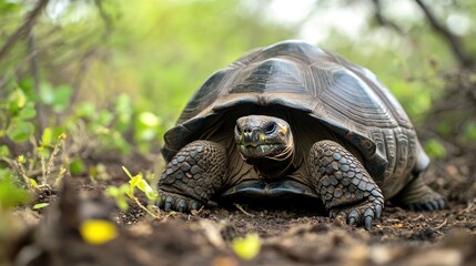Fototapeta premium Galapagos Giant Tortoise Walking Through Forest Undergrowth