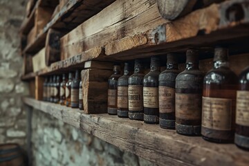 Dusty bottles of liquor aging on rustic wooden shelves