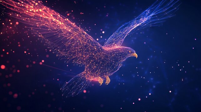 Abstract mash line and point eagle in flames style. With dark blue background. Low poly wireframe with lines, dots and glowing particles 