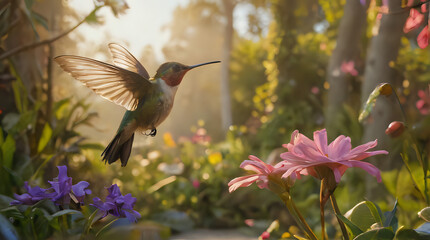 a hummingbird flying over a flower garden with purple flowers