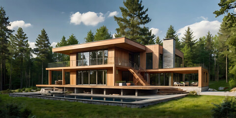 Fototapeta premium Modern House in forest with greenery around