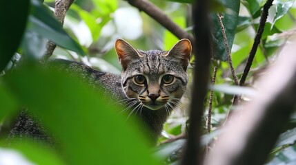 A Close-Up View of a Wild Cat in the Undergrowth