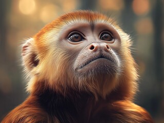 Fototapeta premium Portrait of White faced Capuchin, Tropical Monkey, in a forest with autumn leaves