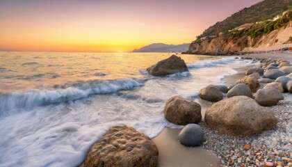  Tranquil beach sunset with rocky shore