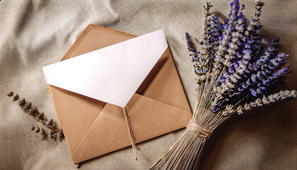 Top view of envelope mockup with dry lavender flowers on canvas backdrop and vintage style
