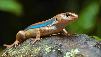 A Blue-Striped Lizard Perched on a Moss-Covered Rock