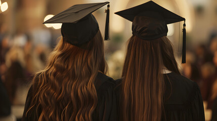 group of students in graduation cap, two female graduates standing side by side