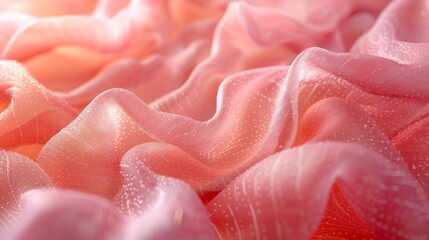 This image showcases a close-up of delicate pink fabric with glistening dew drops, providing a sense of tranquility and softness