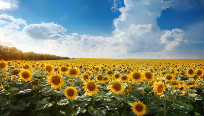 Obraz premium Sunflower field with cloudy blue sky