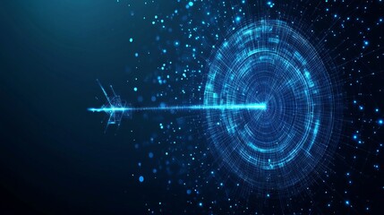 Abstract image of a Target. Vector business concept. With dark blue background. Low poly wireframe with lines, dots and glowing particles