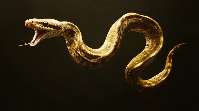 Golden Python Snake Striking with Open Mouth