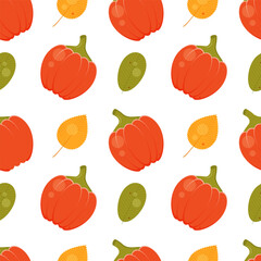 Autumn pattern with pumpkin and leaves. Vector illustration.