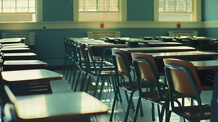 Empty Classroom Desks and Chairs in a Schoolroom