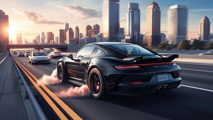 High resolution digital artwork depicting a black sports car speeding down a city highway. Ai generated.