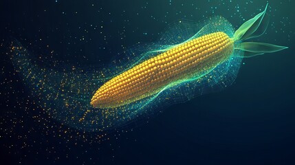 Abstract image of a sweetcorn. Vegetables vector wireframe. With dark blue background. Low poly wireframe with lines, dots and glowing particles