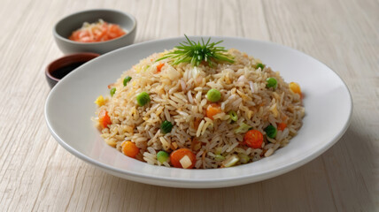 Fried rice with carrot and peas in white plate on wooden table