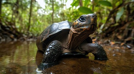 Fototapeta premium A Close-Up of a Black and Yellow Tortoise in a Forest Stream