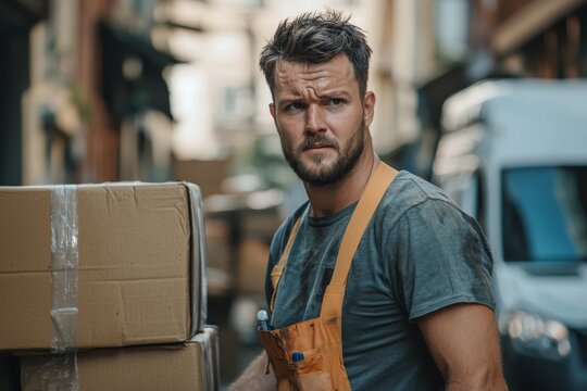 A delivery worker in his 30s, unloading packages from a van in a busy urban neighborhood.