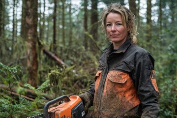 Portrait of a female forestry worker in her 40s, using a chainsaw to clear a path in a dense forest.