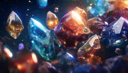 Small precious stones of blue, green, red, yellow, orange and purple, shining