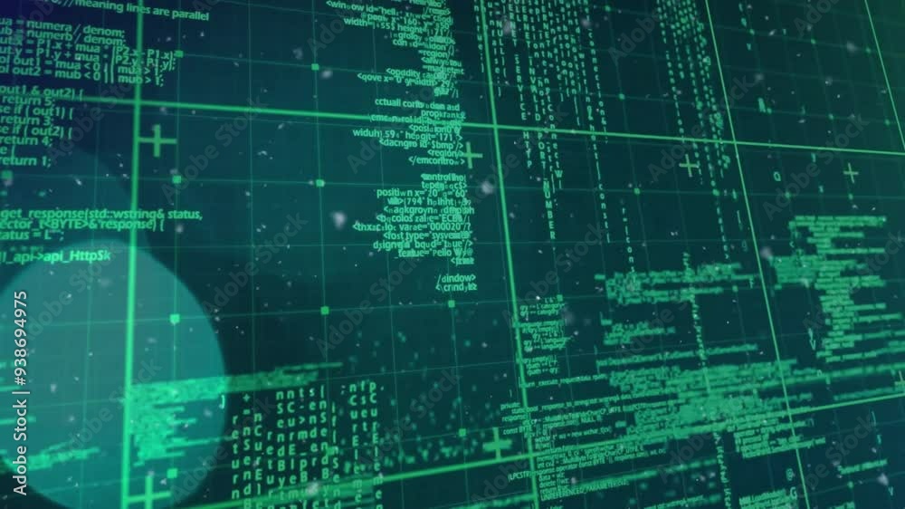 Poster green coding and data processing animation over digital grid background
