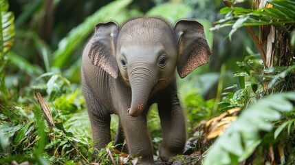 Fototapeta premium Baby Elephant Standing in Lush Green Foliage