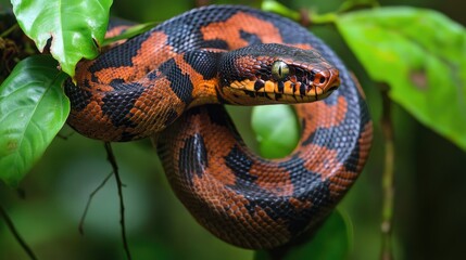 Obraz premium Close-up of a Black and Orange Snake Wrapped Around a Branch