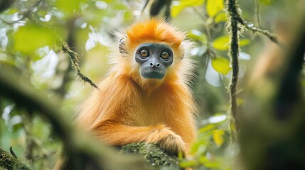 Obraz premium Golden Langur Monkey Sitting on a Branch in a Lush Green Forest