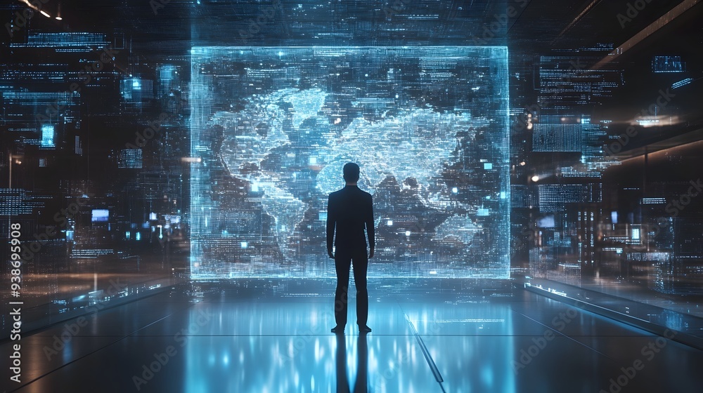 Poster Holographic projection of a digital twin seamlessly interfacing with real world data analytics showcasing the of advanced technology automation and data driven insights for transformative solutions
