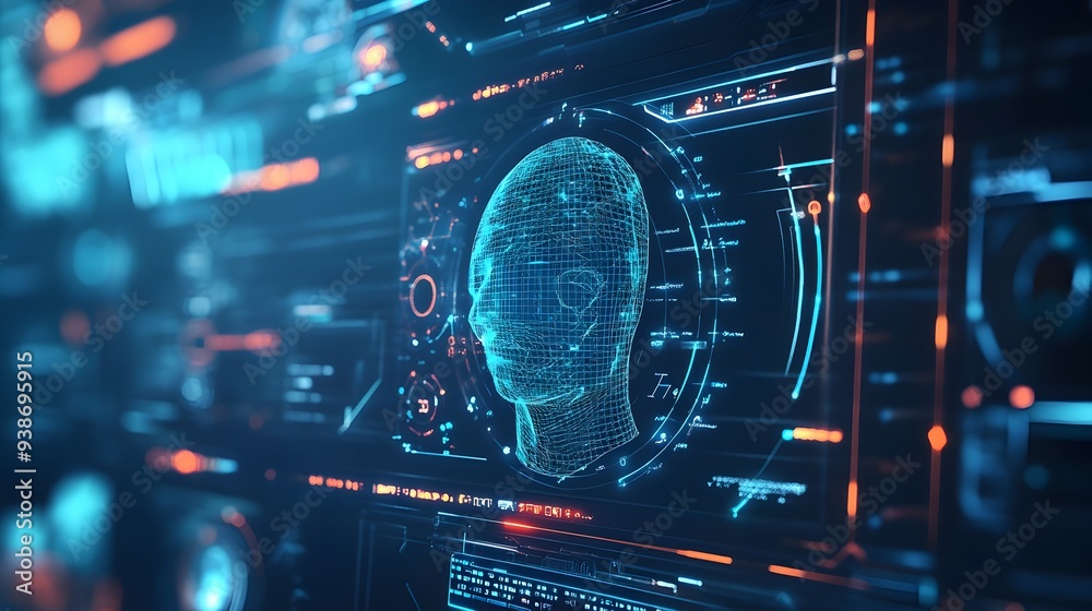 Poster futuristic digital interface displaying a 3d virtual twin model with advanced data visualization and
