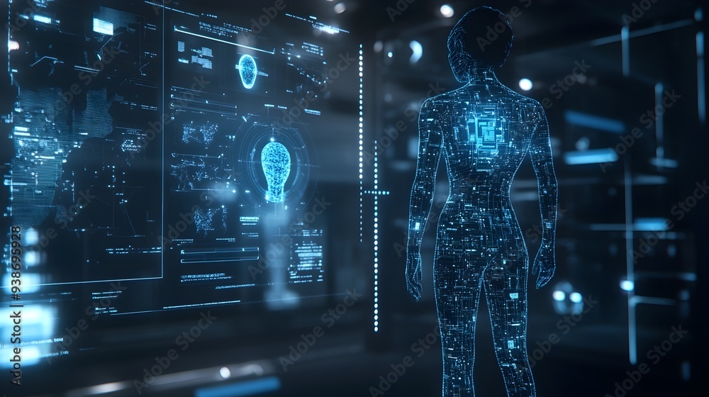 Poster futuristic digital interface showcasing a virtual 3d twin model with advanced visualization and anal
