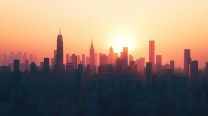 A 3D effect of a city skyline at sunset, with buildings extending out towards the viewer, 3D effect, sunset, cityscape