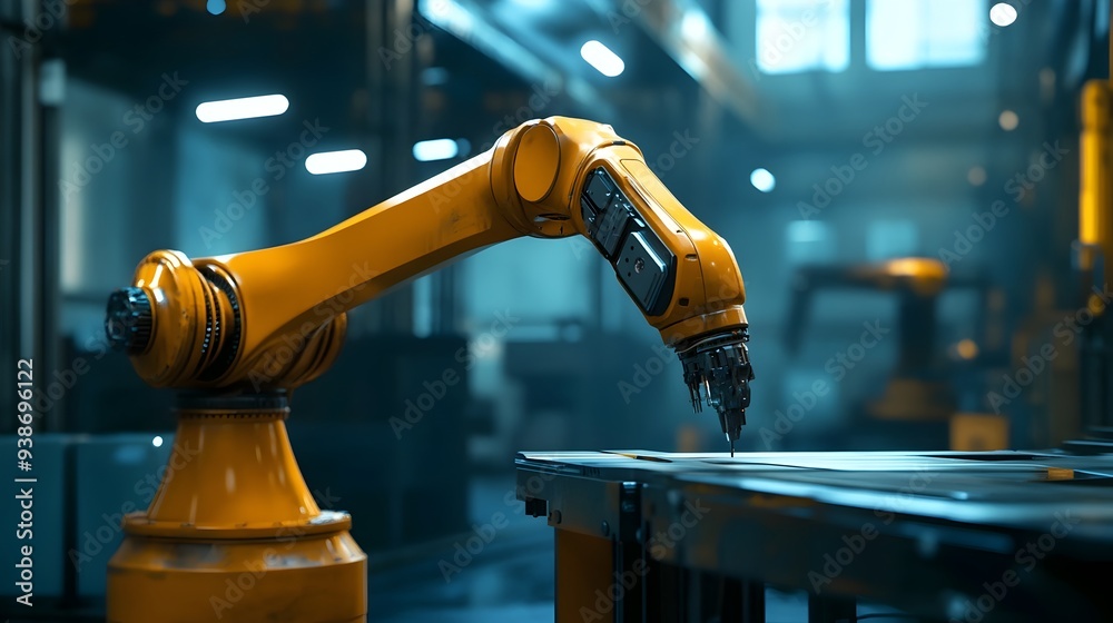 Poster robotic arm controlled by a digital twin system operating in an advanced industrial production setti