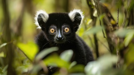 Fototapeta premium Black and White Ruffed Lemur with White Ear Tufts