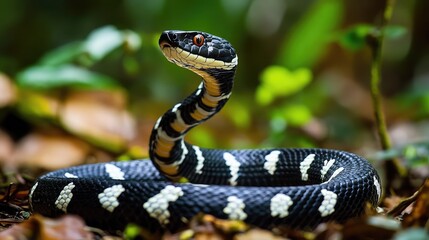 Obraz premium A Black and White Banded Snake with Red Eyes on Forest Floor