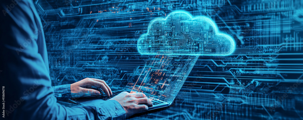 Poster a person using a laptop to access cloud technology, symbolizing digital innovation and data manageme