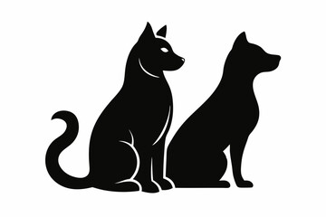 Cat and Dog Sitting Silhouette.cat silhouette, dog silhouette, pet silhouettes, black silhouette, cat and dog together, animal 